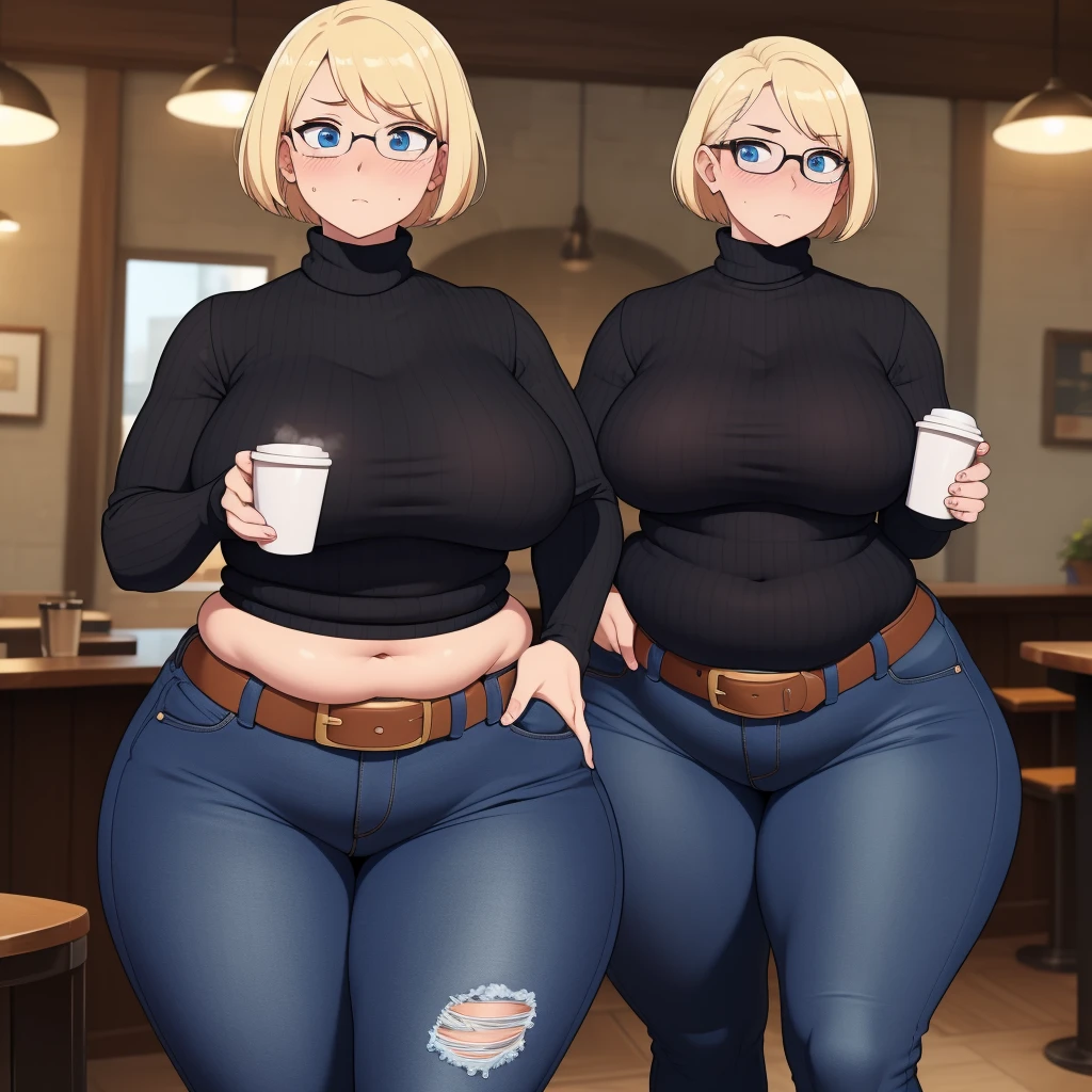 ((Masterpiece)), perfect anatomy, perfect shading, field of depth, (best quality), extremely delicate and beautiful, perfect lighting, detailed face, ultra cute face, cute, (cowboy shot 1.2), full body, (((1girl))), ((solo)), looking at viewer,
short hair, fluffy hair, blonde hair, blue eyes, Glasses, ((blush)), shy, nervous, (black turtleneck sweater 1.5), (jeans 1.2), belt, extremely tight clothes, medium breasts, ((wide hips)), ((thick thighs)), ((chubby)), belly bulge,
coffee shop, intricate background, detailed background,