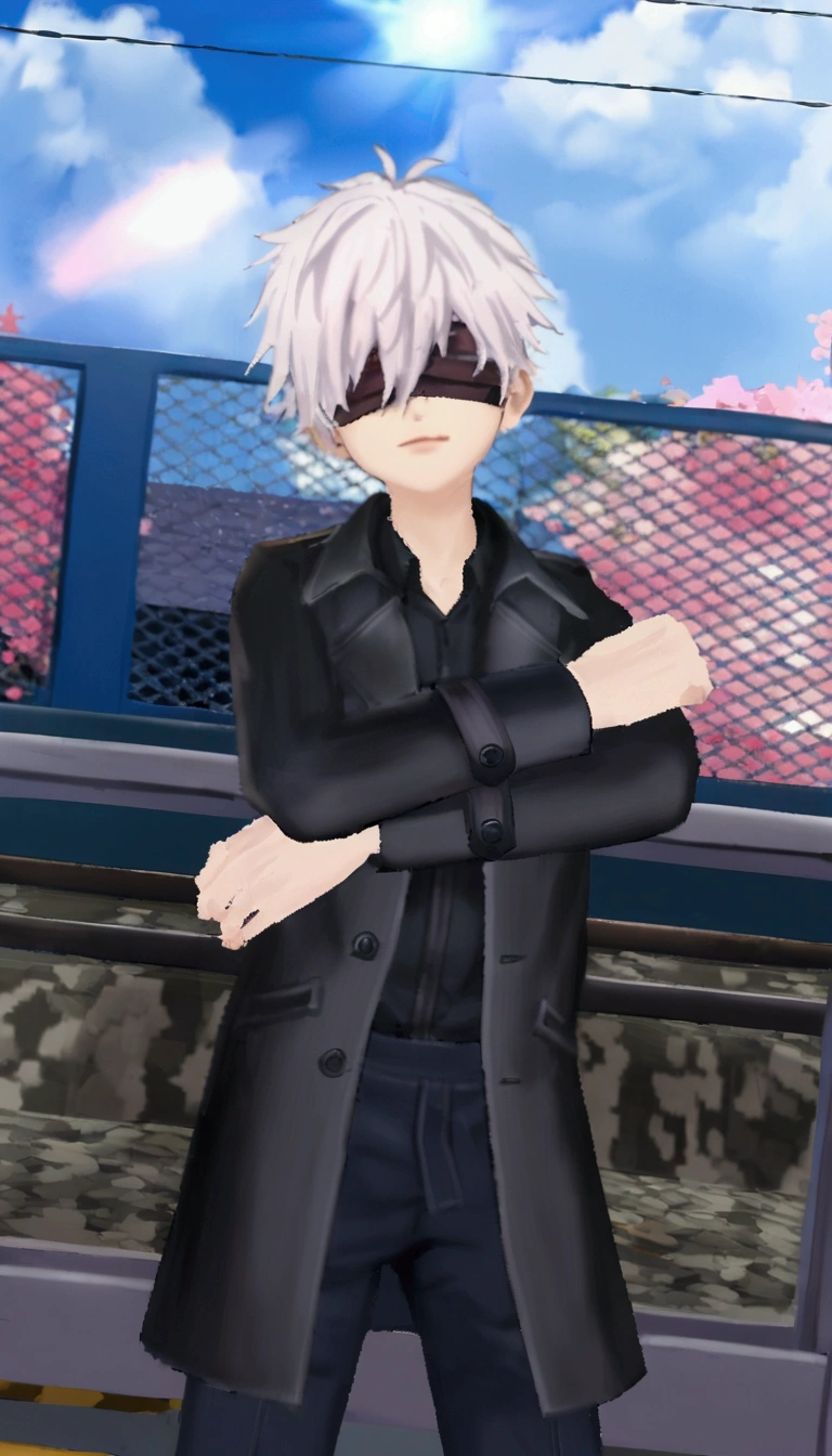 1 boy, 16 yrs old, white blindfold, short white hair, kimono branco, white earrings, red band on forearms, combat stance.