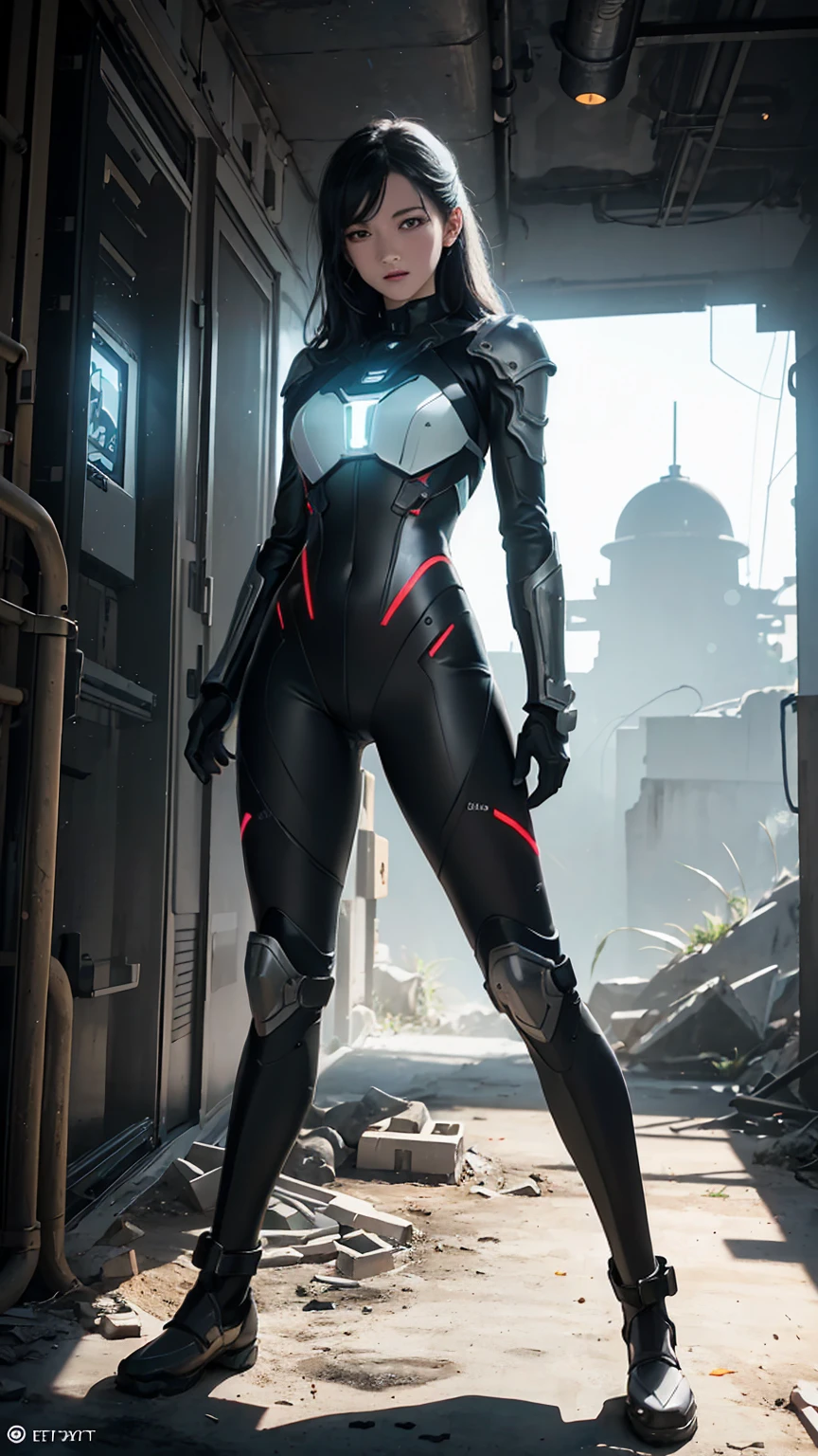 ((Full body photo, standing, feet on the floor)) ((Best Quality)), ((Masterpiece)), (Very Detailed: 1.3), 3D, Shitu-mecha, Beautiful woman in ruins of a city in forgotten war, long black hair, brave face, pink details, warrior suit, sci-fi technology, HDR (High Dynamic Range), ray tracing, nvidia RTX, super resolution, unreal 5, subsurface scattering, PBR texture, post-processing, anisotropic filtering, depth of field, maximum sharpness and sharpness, multi-layered texture, Albedo and specular mapping, surface shading, accurate simulation of light-material interactions, perfect ratios, octane rendering, duotone lighting, low ISO, white balance, rule of thirds, wide aperture, 8K RAW, high efficiency sub-pixels, subpixel convolution, luminous particles, light scattering, Tyndall effect