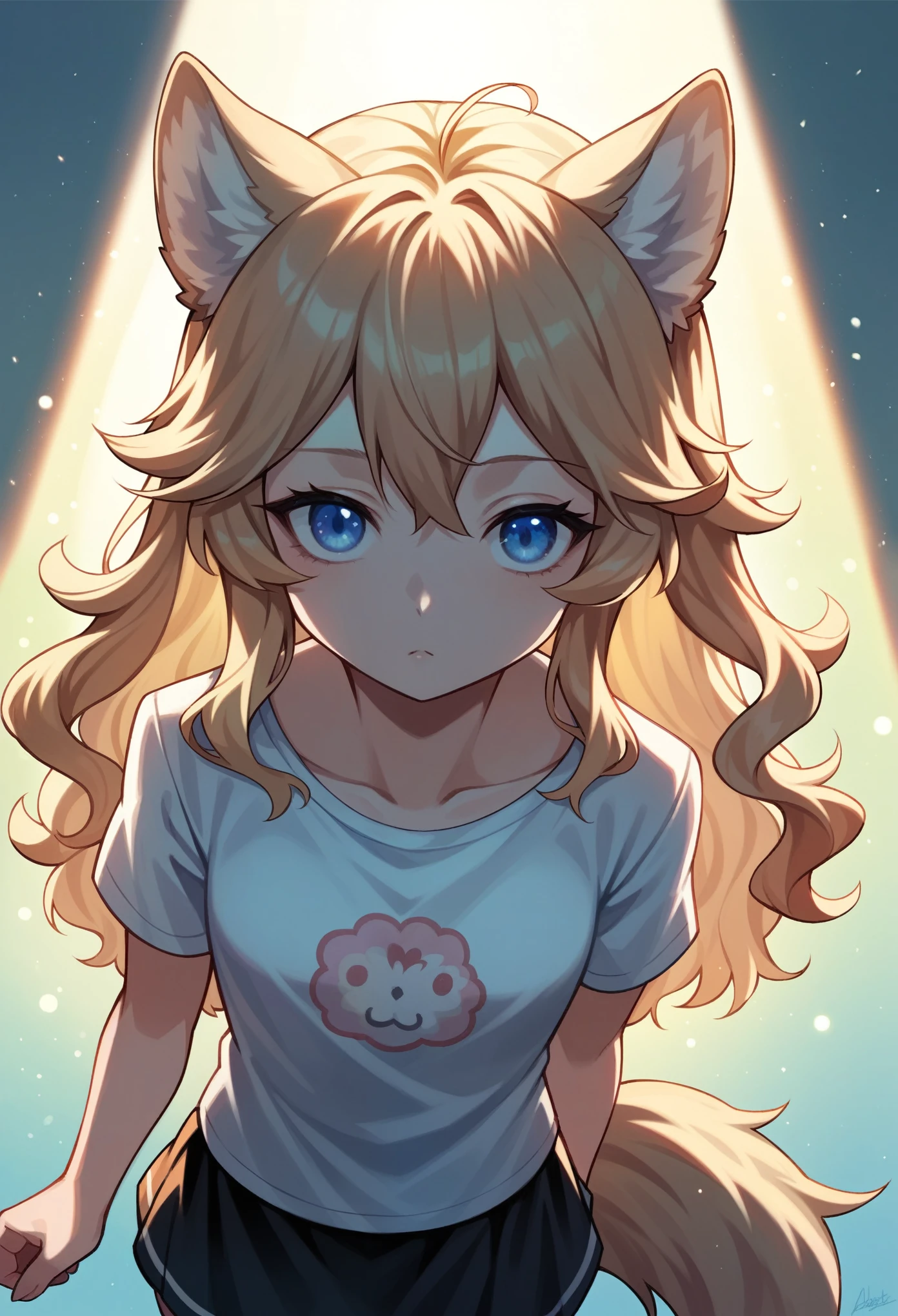 work of art, best qualityer, wolf girl, chic, 1 girl, wolf's ears, wolf tail, cute, corou, looking ahead at viewer, From above, Wavy blonde hair, mini-skirt, white and black striped t-shirt, blue colored eyes, gorgeous eyes, beautiful background, light particles, Sun'rays, dramatic lighting, out, Ablaze, realisitic, work of art, best qualityer, ultra-detailded, detailded, Scenario, beautiful detailded eyes, detailded hair