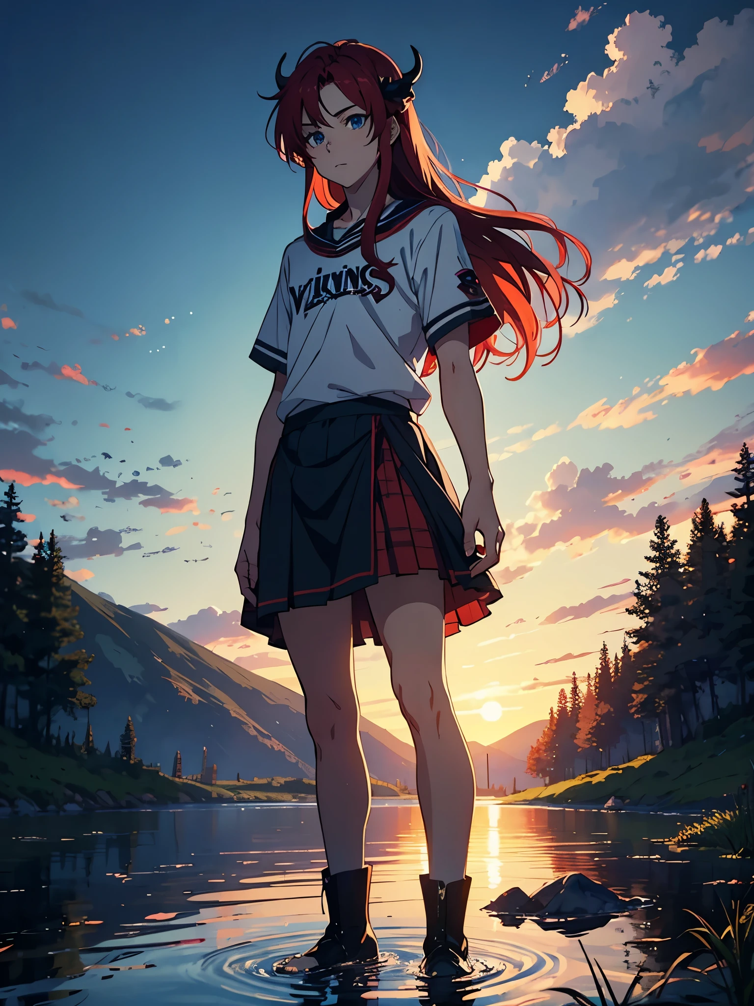 Boy in skirt. More anime style. blue flames. 2d. flatter. anime style. Viking clothing. soft. More anime. Standing in a lake. More anime. More 2d. Clean. More anime. 2d. Glow. Red hair. More anime. male. Long hair. long red hair. boy, vikings. red hair. Blue eyes. fire. 