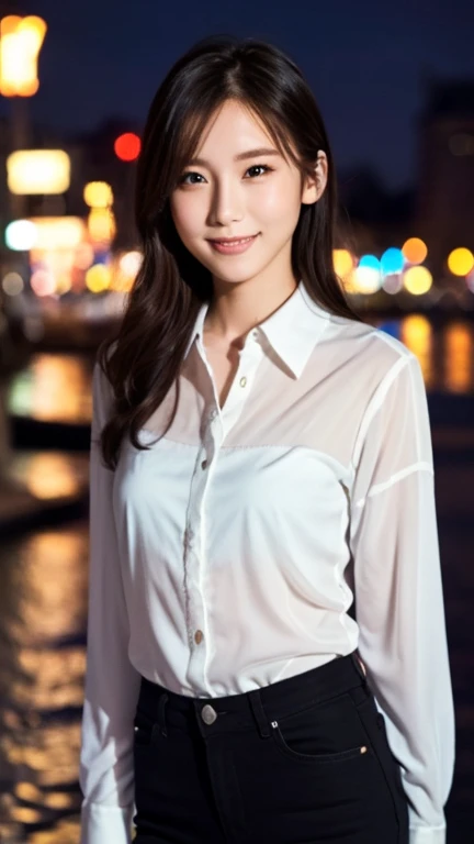 1 Girl, (Wearing a shirt:1.2), (Supercluster), Very beautiful Japanese idol portraits,
(RAW Photos, Highest quality), (Realistic, Realistic:1.4), (masterpiece),
Very delicate and beautiful, Very detailed, 2k wallpaper, wonderful, finely, Very detailed CG Unity 8K wallpaper, Very detailed, High resolution, Soft Light,
Beautiful detailed girl, Very detailed eyes and face, Beautiful and sophisticated nose, Beautiful and beautiful eyes, Cinema Lighting,
(Fashion magazine photography:1.3), (Outdoor), (night lighting), (Waterfront),
(Semi-long hair),
Complete Anatomy, Slender body, Small breasts, smile, open mouse, skinny pants, sheer shirt,