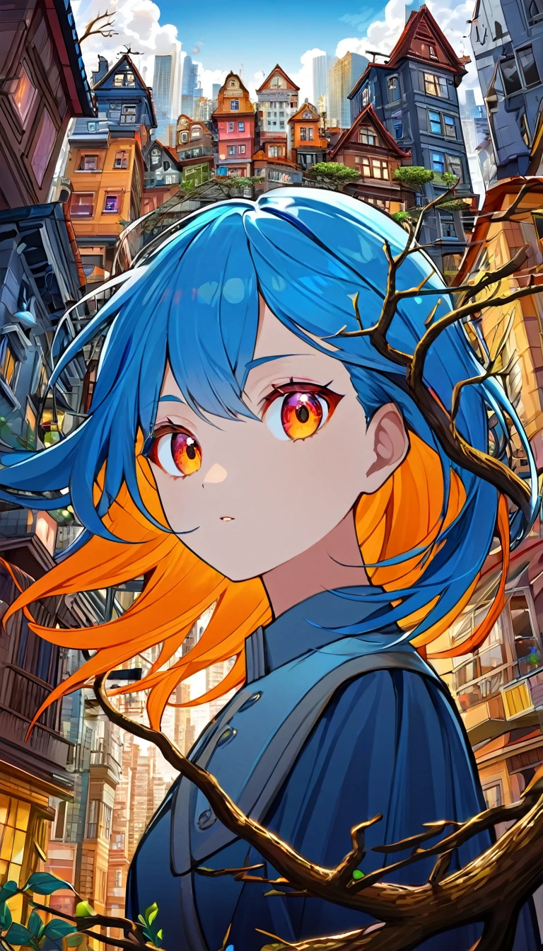 a colorful digital artwork of a woman's head and branches, in the style of haunting houses, graceful surrealism, depictions of urban life, dark sky-blue and orange, portraitures with hidden meanings, caricature-like illustrations, metropolis meets nature --ar 69:128 --s 750 --niji 5