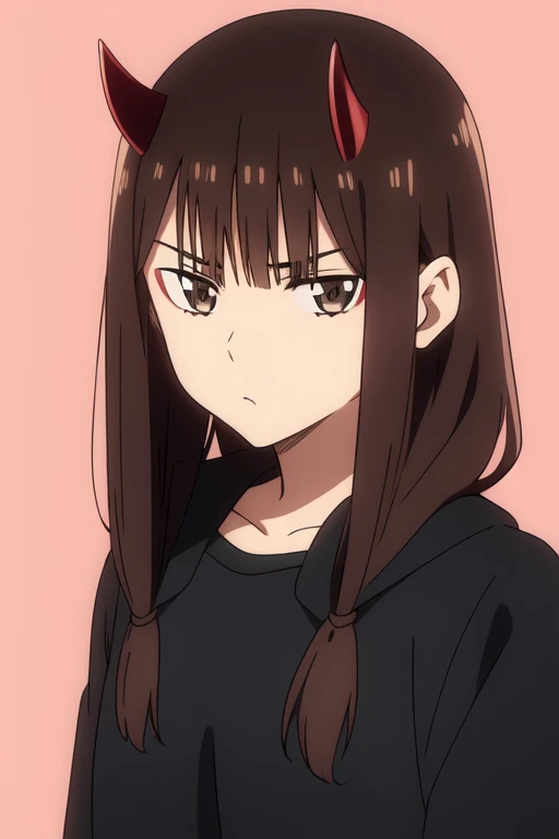 Horikoshi Kouhei, 1 girl, brown hair, brown eyes, cute eyes,long hair, serious, black devil horns.