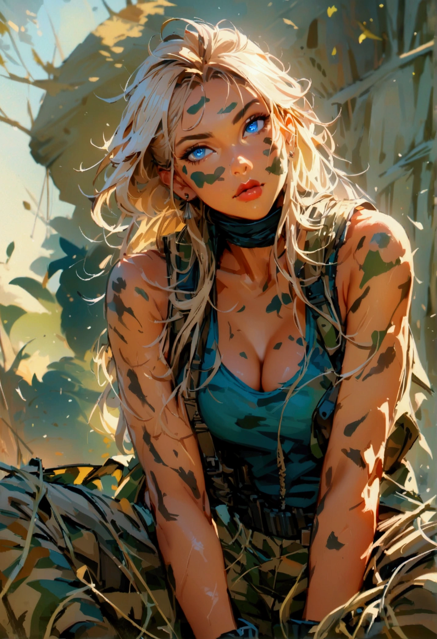 A blond-haired girl with blue eyes, wearing a belly-free tank top, camo print track pants, and military-style combat boots, in a tomboyish military style, (best quality,4k,8k,highres,masterpiece:1.2),ultra-detailed,detailed facial features,extremely detailed eyes and face,longeyelashes,highly detailed skin,muscular athletic body,military style outfit,camo print,combat boots,strong confident pose,dramatic lighting,vivid colors,cinematic composition