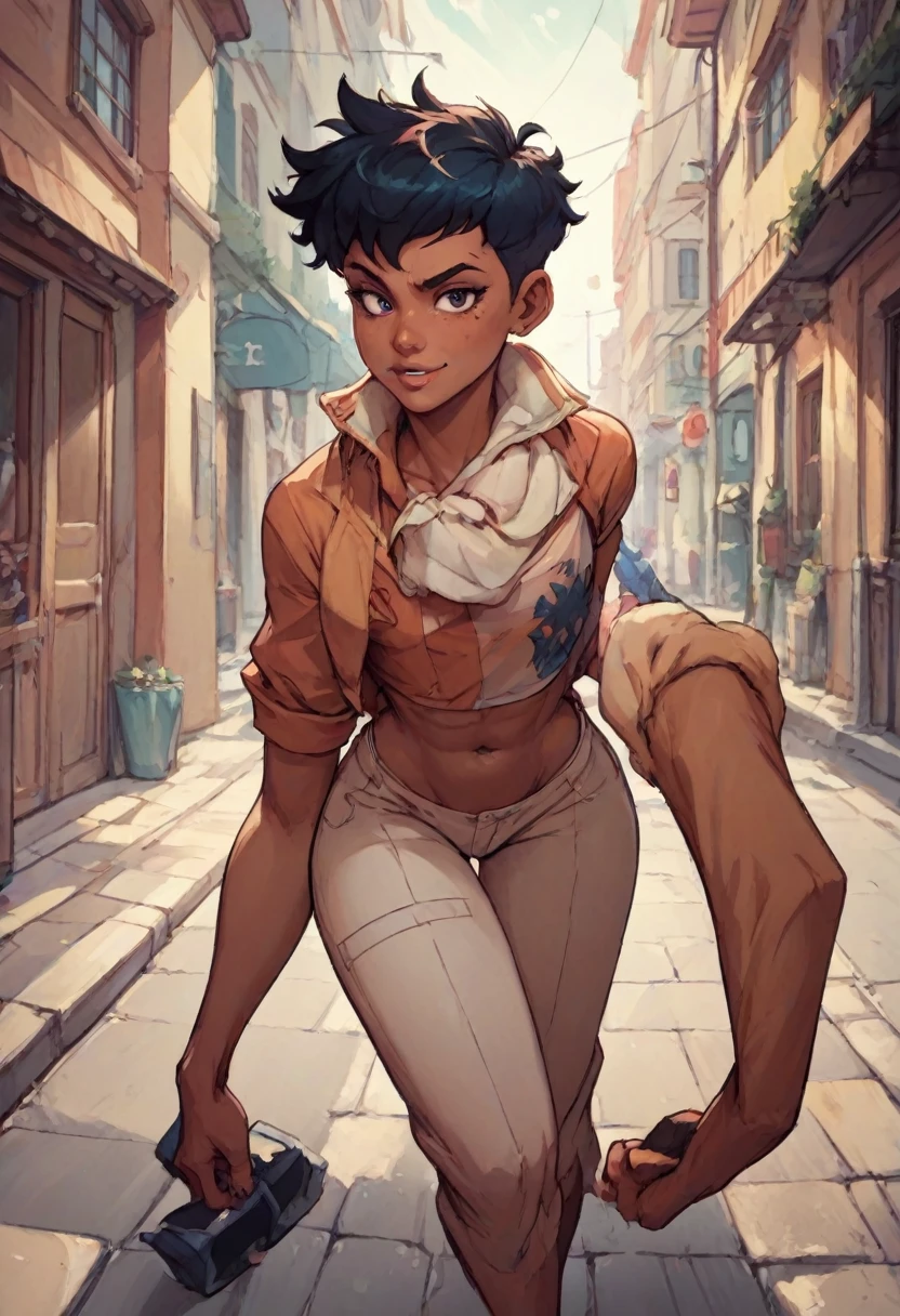 ((masterpiece, best quality)), 1 Tomboy, dark skin, cartoon style, massive bonkers