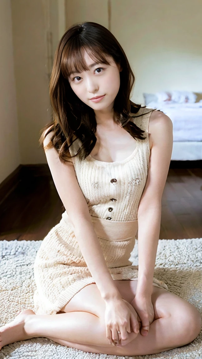 (((Highest quality,Very detailed,masterpiece,Very detailed))) ,(((Downward))),((Spread your legs)),loose breast,Camisole with showing through,one piece,barefoot,One Girl,Realistic,Bedroom、Looks sleepy