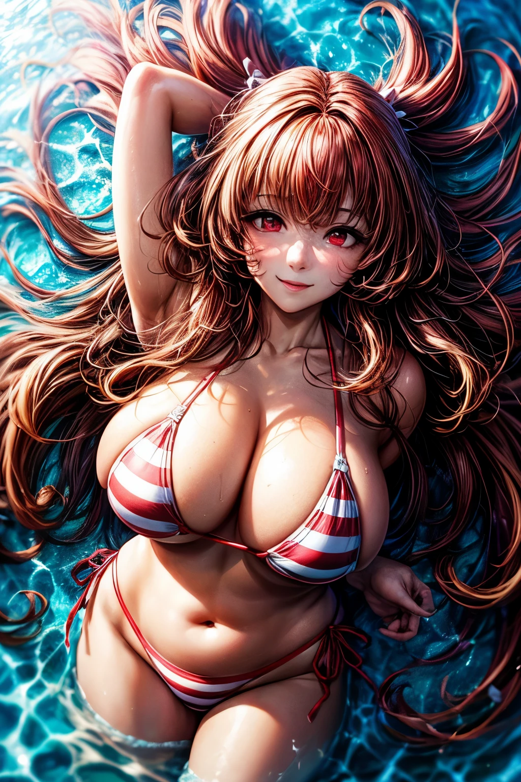 {worst quality, low quality}, ((girl photo)), solo, big breasts, clear eyes and plump lips, ((beautiful Red eyes ):1.2), Spoken heart, (Perfect hands: 1.3), (Red hair, long hair), (Red and white striped bikini), arms behind head, cute pose, The best smile, The background is a beautiful sandy beach, a clear blue sky, and dazzling sunlight, sleeping, from above, dynamic angle, Must-Have, Best Quality, Super Detailed,