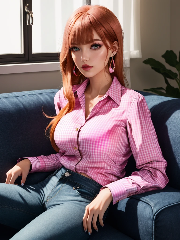 25-year-old woman with European facial features, (((ginger shoulder-length hair))), bangs, makeup, earrings and jewelry, eyelashes, (((pink checkered shirt))), ((busty)), jeans, sitting on the sofa, looking at the viewer , darkened room