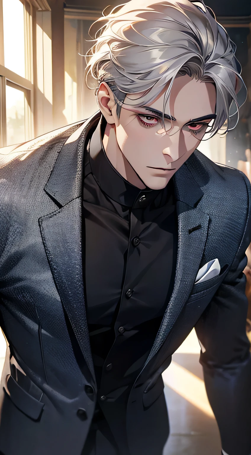 (best quality, 4k, 8k, high resolution, masterpiece: 1.2), ultra detailed, (realistic, photorealistic, photorealistic: 1.37), 1 man, 22 years old, mature man, very handsome, neutral expression , short silver gray hair, red eyes, penetrating gaze, blue outfit elegant suit, perfect face without errors, imposing posture, mercenary, destruction background, hell, cinematic lighting, hdr image