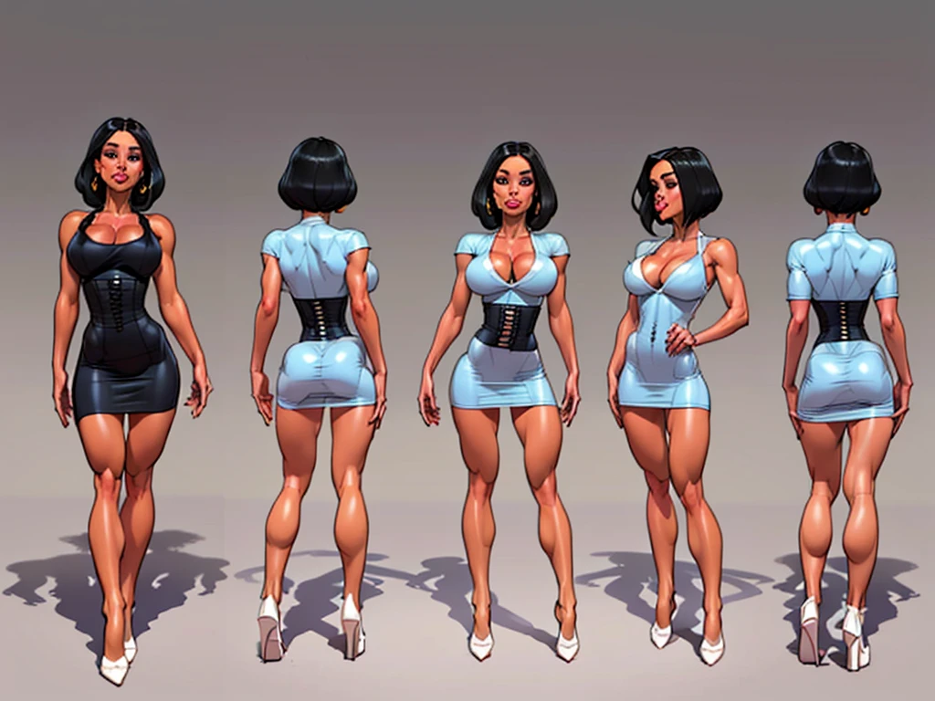 ((masterpiece)),(((Best Quality))),((character design sheet)), ((full body view)) illustration,1 girl, muscular, ((blue fitted dress:1.4)), buttercup, (dark black hair:1.3), Blue dress ((detailed face:1.4)) beautiful woman, slippery bobcut, (black corset:1.1)shiny skin, thick legs, (swollen lips:1.2), Sketches, pose, 8k,16k, (simple background, White background: 1.3)