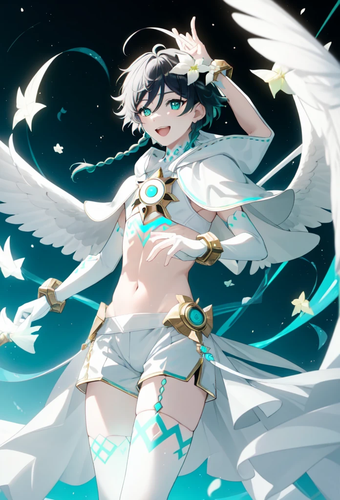 best quality,masterpiece,highres,solo,1boy, absurdres, androgynous, White_hair, White _hair, character_name, chest_tattoo, commentary, crop_top, english_text, feathered_wings, gradient_hair, green_eyes, happy_birthday, highres, hood_up, hooded_capelet, kkopoli, light, male_focus, midriff, official_alternate_costume, open_mouth, short_hair_with_long_locks, simple_background, smile, solo, twin_braids, venti_\(archon\)_\(genshin_impact\), venti_\(genshin_impact\), white_shorts, white_thighhighs, white_wings