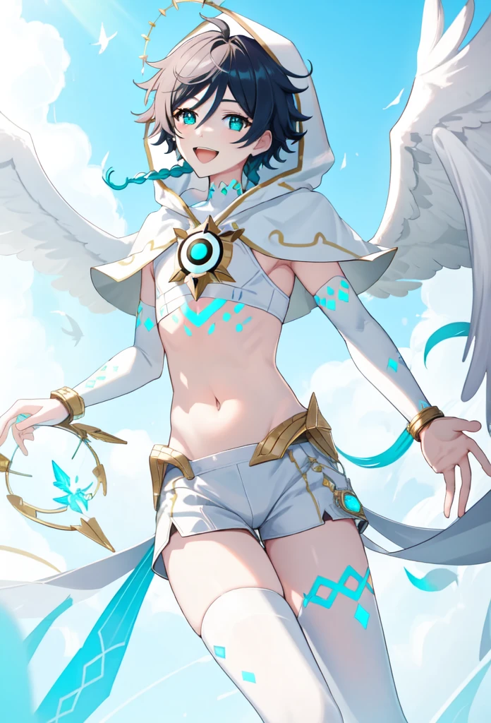 best quality,masterpiece,highres,solo,1boy, absurdres, androgynous, White_hair, White _hair, character_name, chest_tattoo, commentary, crop_top, english_text, feathered_wings, gradient_hair, green_eyes, happy_birthday, highres, hood_up, hooded_capelet, kkopoli, light, male_focus, midriff, official_alternate_costume, open_mouth, short_hair_with_long_locks, simple_background, smile, solo, twin_braids, venti_\(archon\)_\(genshin_impact\), venti_\(genshin_impact\), white_shorts, white_thighhighs, white_wings