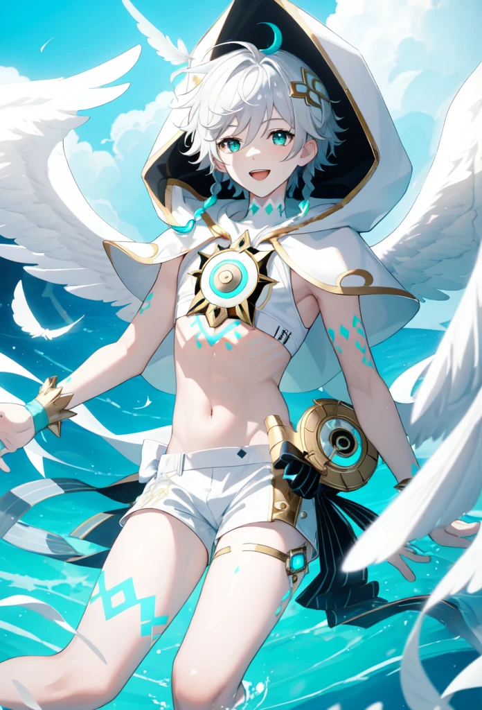 best quality,masterpiece,highres,solo,1boy, absurdres, androgynous, White_hair, White _hair, character_name, chest_tattoo, commentary, crop_top, english_text, feathered_wings, gradient_hair, green_eyes, happy_birthday, highres, hood_up, hooded_capelet, kkopoli, light, male_focus, midriff, official_alternate_costume, open_mouth, short_hair_with_long_locks, simple_background, smile, solo, twin_braids, venti_\(archon\)_\(genshin_impact\), venti_\(genshin_impact\), white_shorts, white_thighhighs, white_wings