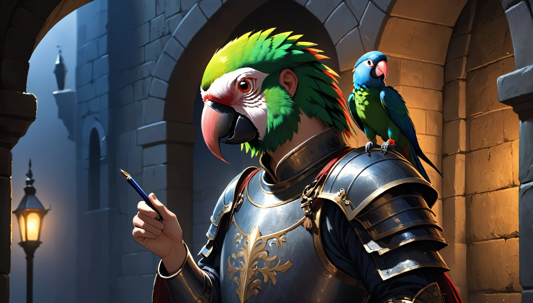 A medieval man, clad in ornate plate armor, stands in profile against a dimly lit stone archway background. He has an air of smug satisfaction, with a condescending smirk playing on his lips as if he's just said something cuttingly witty. He could be casually holding a quill pen as if it were a microphone, having just dropped it after a killer verse. A brightly colored parrot perches on his shoulder, mimicking his smug expression with a tilted head or by holding a tiny scroll in its claws. Use dramatic chiaroscuro lighting, highlighting the man and parrot while the background fades into darkness. This emphasizes the drama and adds to the air of mystery. The overall mood should be darkly humorous, capturing the man's smugness without being overly mean-spirited. The image should be eye-catching and humorous, instantly communicating the idea of a songwriting competition within a medieval setting.