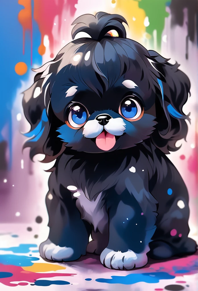 2 adorable tiny black Shih Tzu puppies with big bright blue eyes painting, happy, playful, covered in bright color paint, paint pawprints in back ground