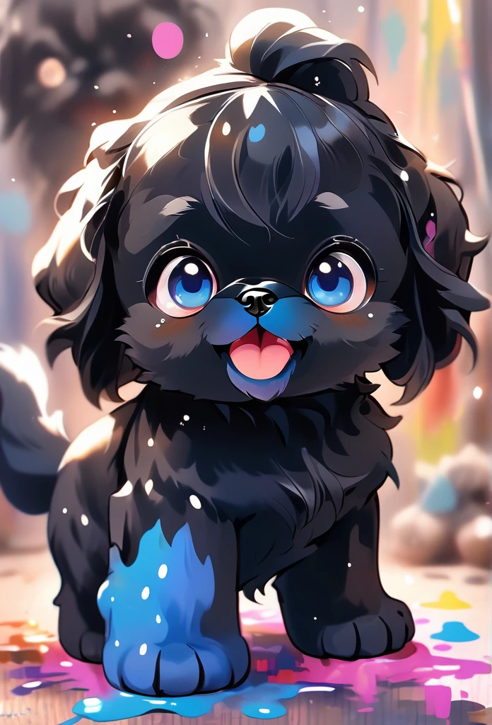 2 adorable tiny black Shih Tzu puppies with big bright blue eyes painting, happy, playful, covered in bright color paint, paint pawprints in back ground