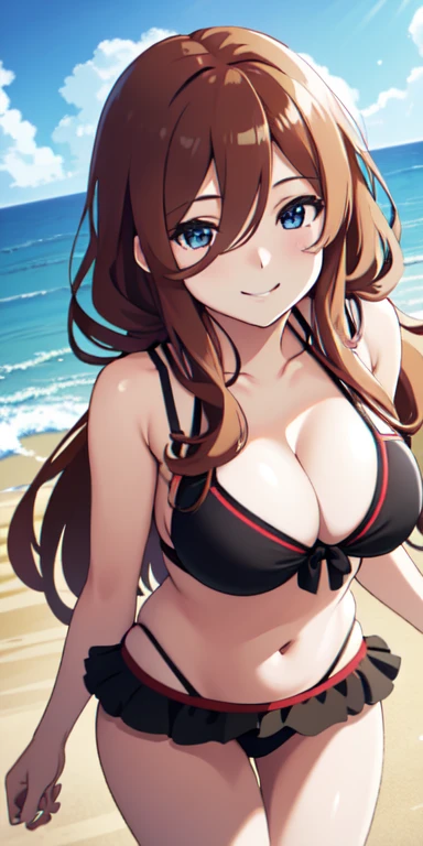 (Best quality:1.3), nakano miku, brown long hair, hair between eyes, bikini, large round breasts, smiling, (from above view, breasts focus), beach