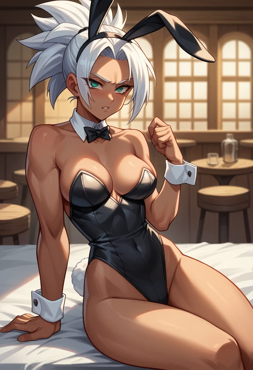 1girl, alone, Saiyan, combed back white hair, green eyes, slim, thin waist, wide hips, dark skin, medium breasts, bunny ears , bunny tail, black bunny suit, the girl is in a tavern,sensual,  sensual position, being abused, being harassed