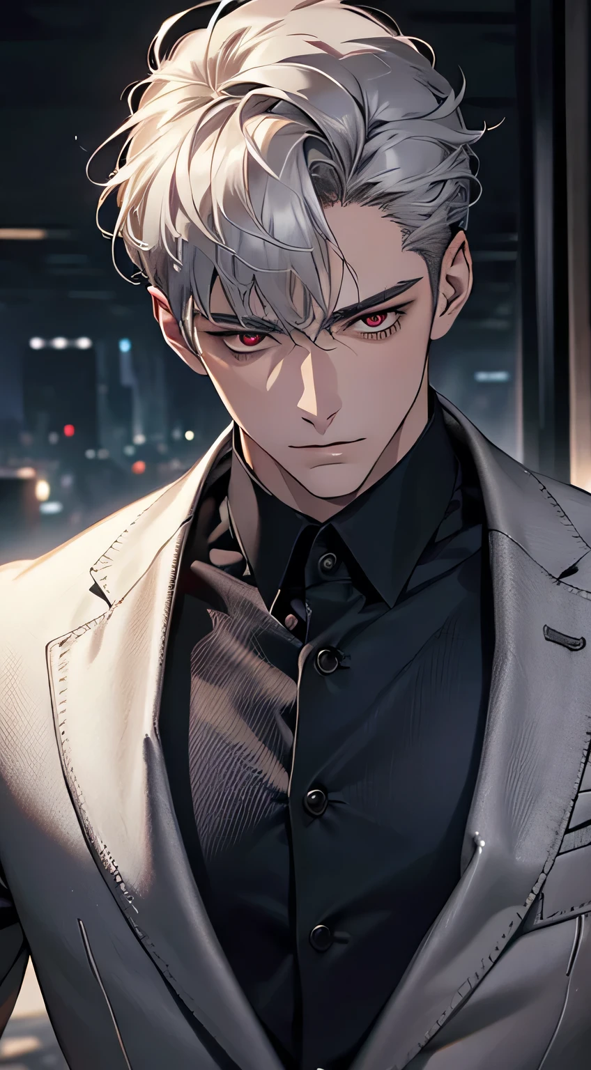 (best quality, 4k, 8k, high resolution, masterpiece: 1.2), ultra detailed, (realistic, photorealistic, photorealistic: 1.37), 1 man, 22 years old, mature man, very handsome, neutral expression , short silver gray hair, red eyes, penetrating gaze, blue outfit elegant suit, perfect face without errors, imposing posture, mercenary, destruction background, hell, cinematic lighting, hdr image