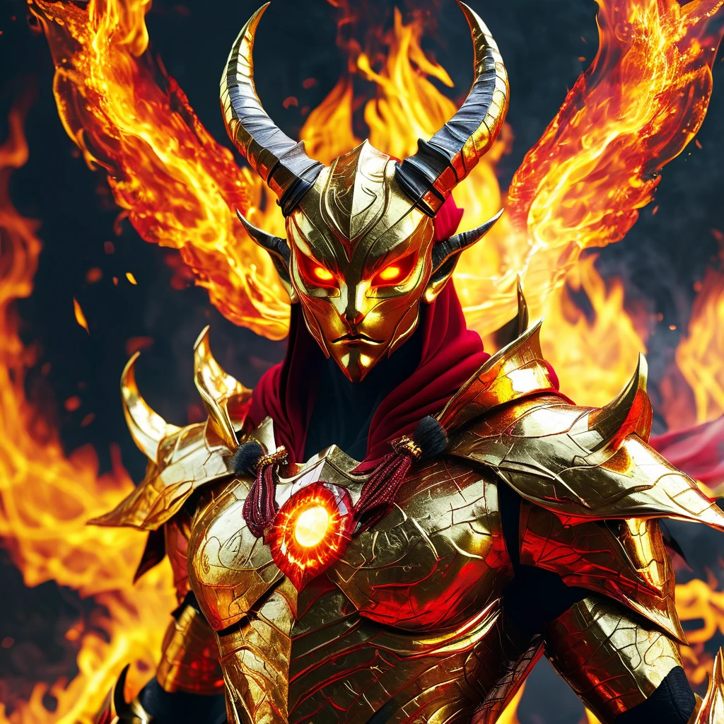 A golden and red hooded demon god with eyes of fire, in error form, bug texture, informatica, hack, matrix, (((you can't see his face))), green matrix numbers background