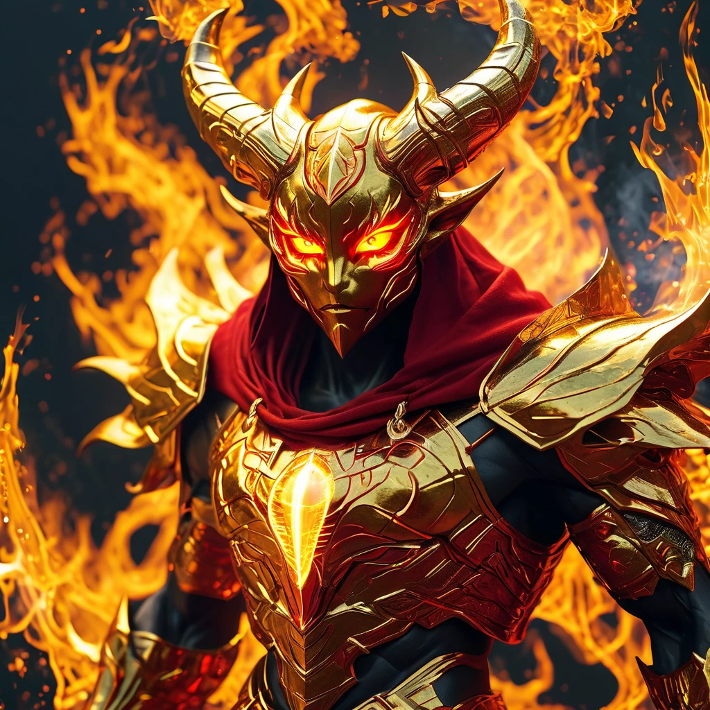 A golden and red hooded demon god with eyes of fire, in error form, bug texture, informatica, hack, matrix, (((you can't see his face))), green matrix numbers background