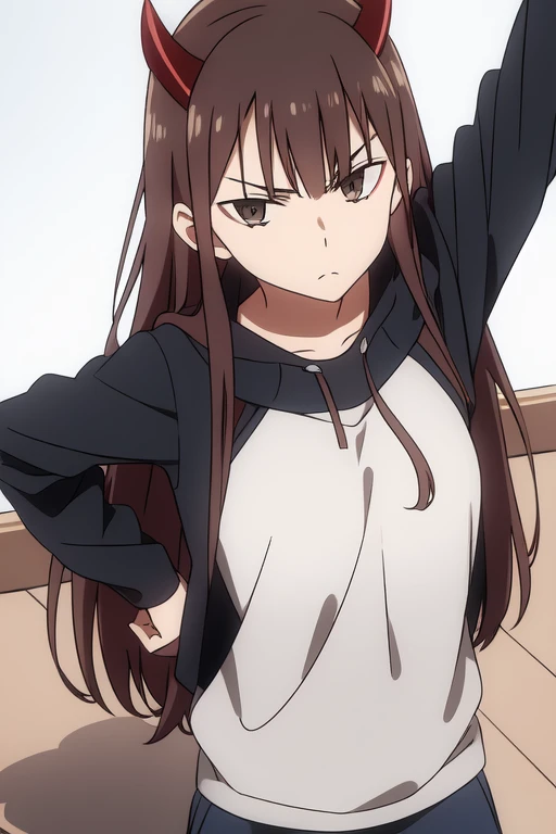 Horikoshi Kouhei, 1 girl, brown hair, brown eyes, cute eyes,long hair, serious, black devil horns.