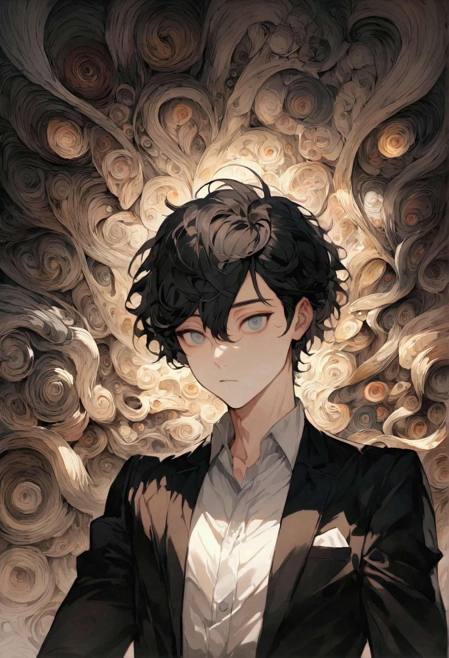 Handsome 27 year old man, office worker and still very young, his black hair is short and neat, his face and eyes were a little pale and because of too much work and lack of sleep
