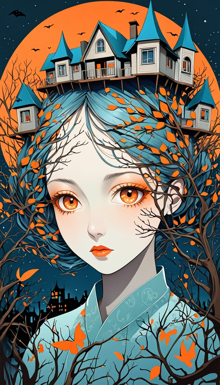 a colorful digital artwork of a woman's head and branches, in the style of haunting houses, graceful surrealism, depictions of urban life, dark sky-blue and orange, portraitures with hidden meanings, caricature-like illustrations, metropolis meets nature --ar 69:128 --s 750 --niji 5