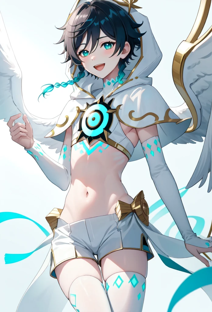 best quality,masterpiece,highres,solo,1boy, absurdres, androgynous, White_hair, White _hair, character_name, chest_tattoo, commentary, crop_top, english_text, feathered_wings, gradient_hair, green_eyes, happy_birthday, highres, hood_up, hooded_capelet, kkopoli, light, male_focus, midriff, official_alternate_costume, open_mouth, short_hair_with_long_locks, simple_background, smile, solo, twin_braids, venti_\(archon\)_\(genshin_impact\), venti_\(genshin_impact\), white_shorts, white_thighhighs, white_wings