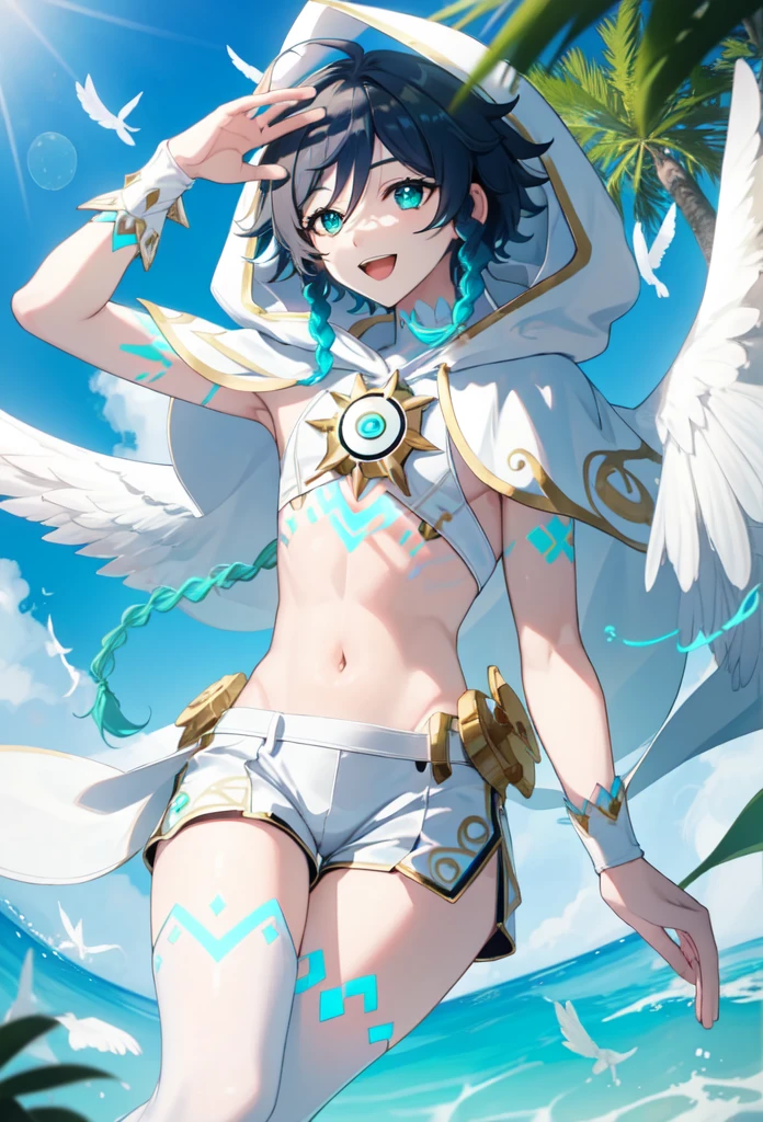 best quality,masterpiece,highres,solo,1boy, absurdres, androgynous, White_hair, White _hair, character_name, chest_tattoo, commentary, crop_top, english_text, feathered_wings, gradient_hair, green_eyes, happy_birthday, highres, hood_up, hooded_capelet, kkopoli, light, male_focus, midriff, official_alternate_costume, open_mouth, short_hair_with_long_locks, simple_background, smile, solo, twin_braids, venti_\(archon\)_\(genshin_impact\), venti_\(genshin_impact\), white_shorts, white_thighhighs, white_wings