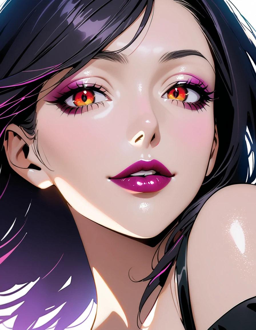 1mature woman, solo, sexy MILF, evil Femme Fatale, 35yo, A bewitching 35-year-old Japanese sexy widow, A close-up shot frames the victim's face, lit by a faint, eerie glow. The camera lingers on their lips, parted in a sly, sinister grin. The smile seems to taunt the viewer, hinting at the chaos and destruction that is about to unfold. Swirling shadows dance across the background, amplifying the sense of unease and foreboding. As the camera pans out, the victim's eyes appear, gleaming with a malevolent intensity, further heightening the tension., Shiny black hair, beautiful eyebrows, double eyelids, amber eyes, beautiful nose, beautiful nostrils, sexy lips, dark lipstick, glossy lips, masterpiece, incredibly absurd resolution, absolutely resolution, ultra high resolution, Mature Female, MILF, professional, vivid colors, ideal facial features, close-up face focus, (from below:1.3)