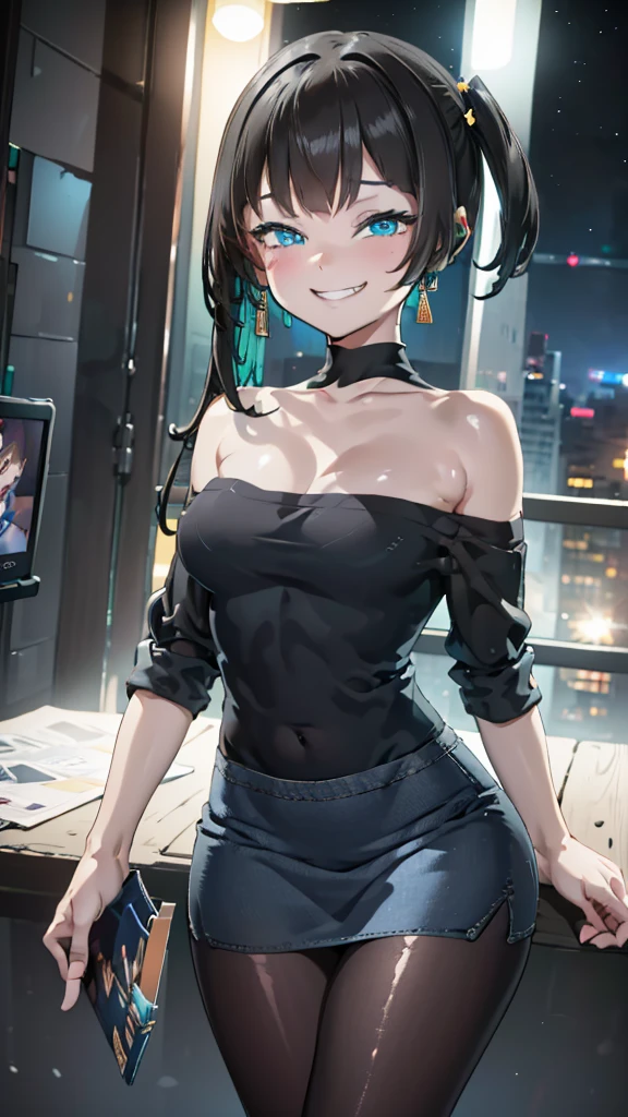 (8k、Best image quality、highest quality、masterpiece)、Detailed face、One girl、Black Hair、twintails、Light blue eyes、evil smile、((Grin))、Small breasts、((white knit))、Off the shoulder、Strapless、((denim pencilskirt))、((pantyhose))、Cowboy Shot、City Background