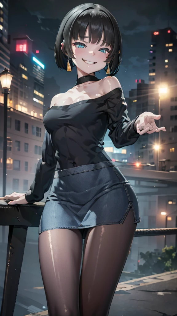 (8k、Best image quality、highest quality、masterpiece)、Detailed face、One girl、Black Hair、twintails、Light blue eyes、evil smile、((Grin))、Small breasts、((white knit))、Off the shoulder、Strapless、((denim pencilskirt))、((pantyhose))、Cowboy Shot、City Background