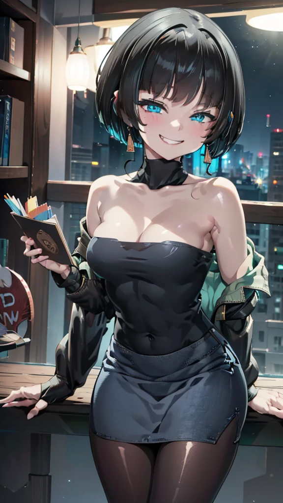 (8k、Best image quality、highest quality、masterpiece)、Detailed face、One girl、Black Hair、twintails、Light blue eyes、evil smile、((Grin))、Small breasts、((white knit))、Off the shoulder、Strapless、((denim pencilskirt))、((pantyhose))、Cowboy Shot、City Background