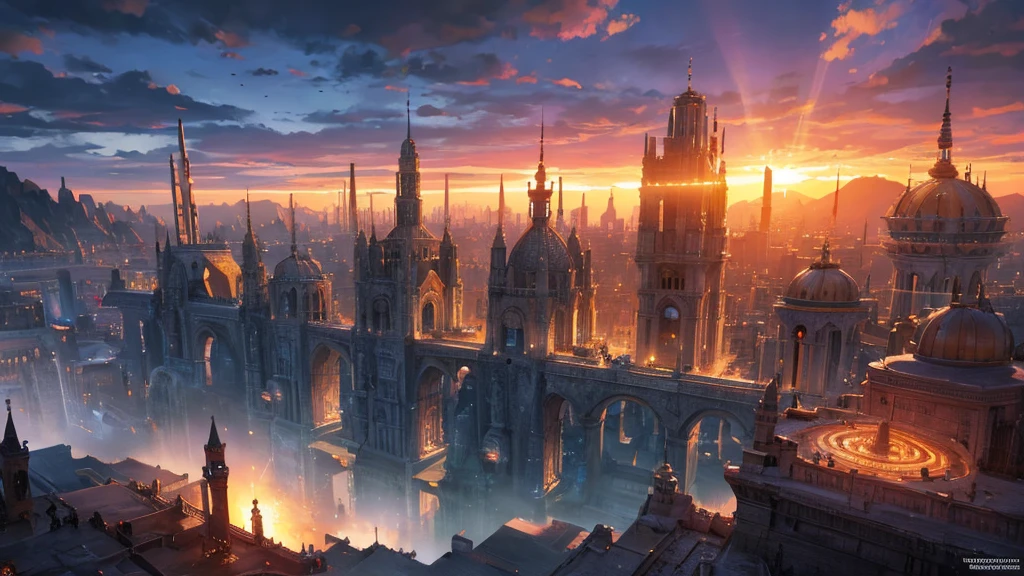 a futuristic tartarian civilization, a city at sunset, intricate architecture, advanced technology, glowing energy fields, dramatic lighting, cinematic atmosphere, stunning vistas, digital art, 8k, ultradetailed, photorealistic, masterpiece