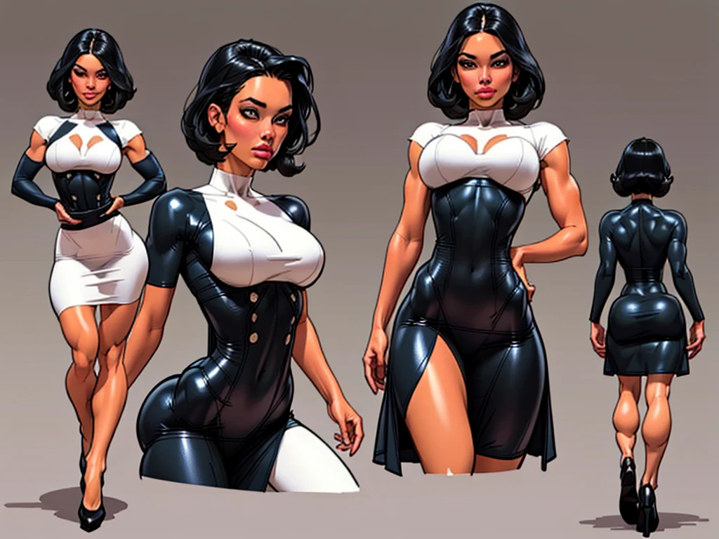 ((masterpiece)),(((Best Quality))),((character design sheet)), ((full body view)) illustration,1 girl, muscular, ((blue fitted dress:1.4)), buttercup, (dark black hair:1.3), Blue dress ((detailed face:1.4)) beautiful woman, slippery bobcut, (black corset:1.1)shiny skin, thick legs, Beautiful face, Sketches, pose, 8k,16k, (simple background, White background: 1.3)