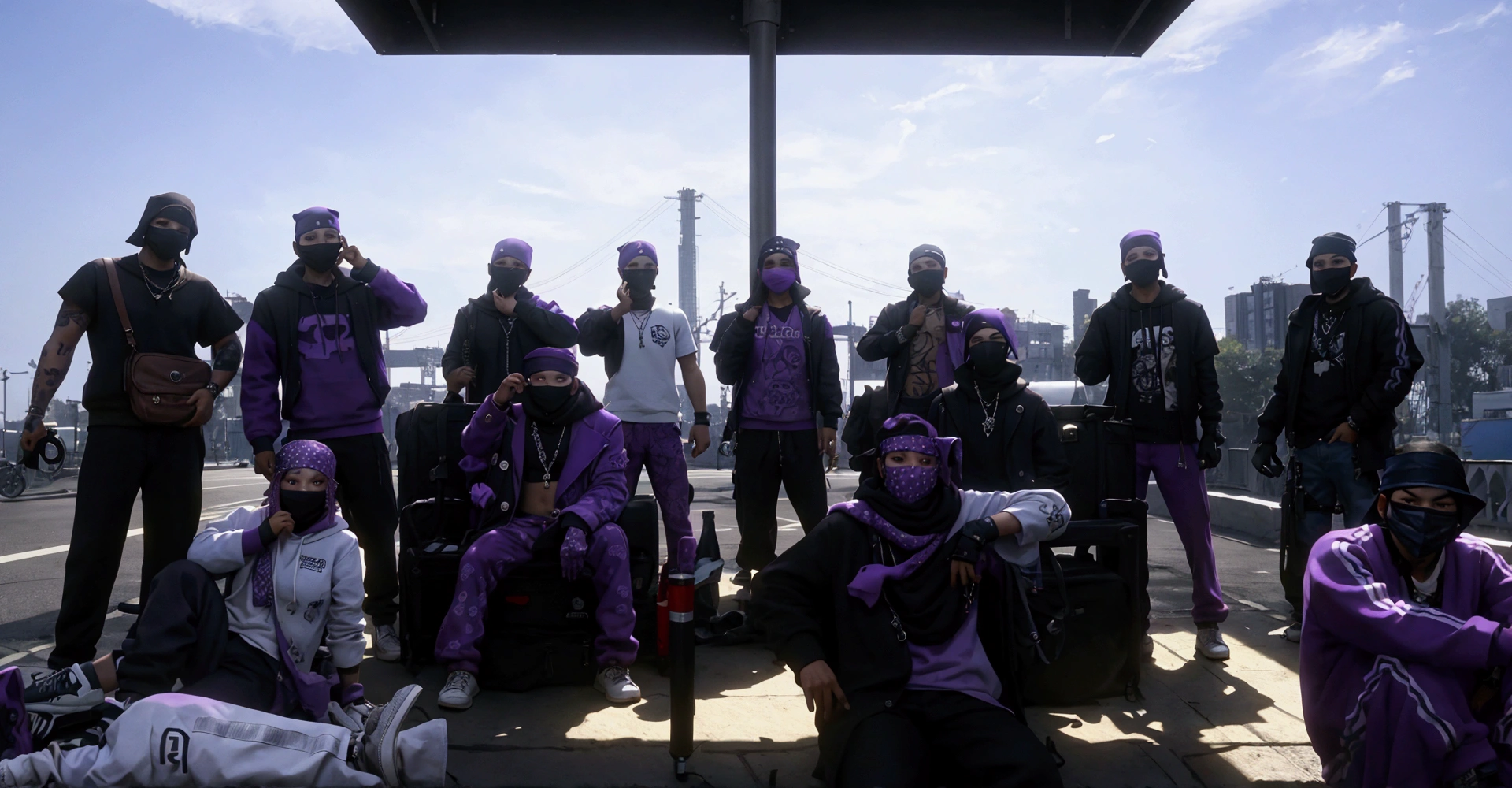 there are many people standing and sitting on a platform, wearing bandana masks, portrait of a purple gang, chillin at the hood together,