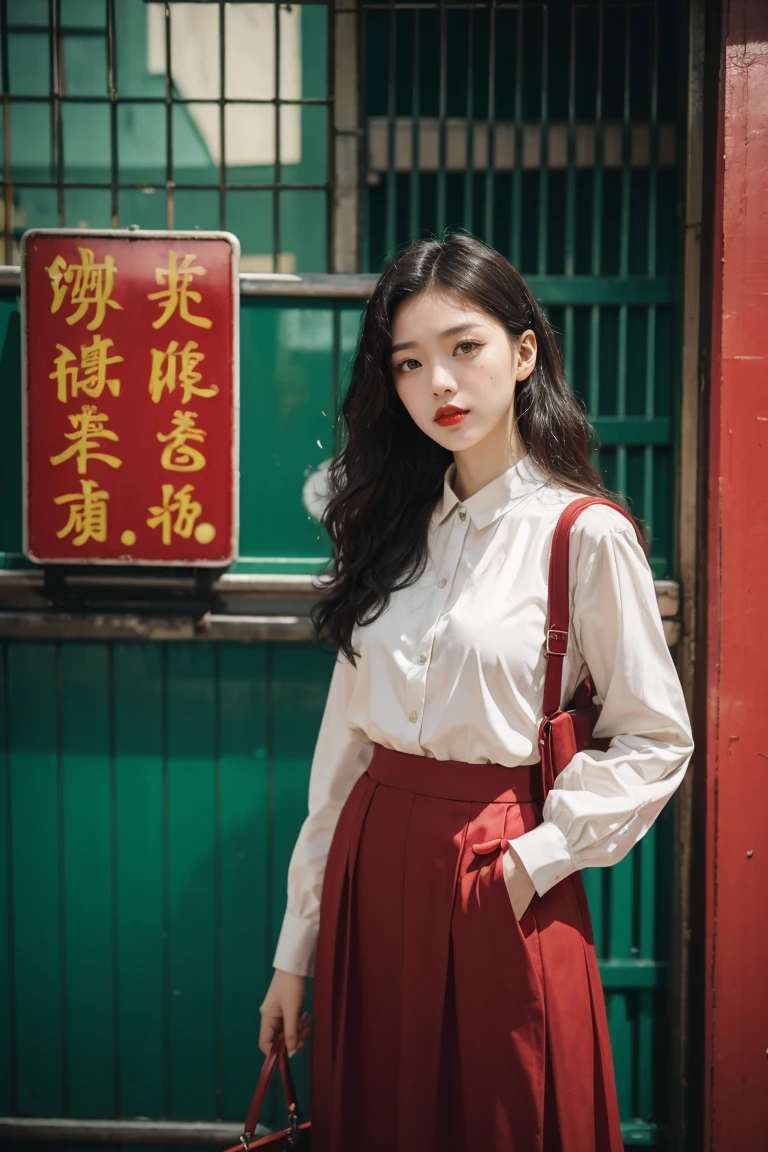 Long black curly hair, red lips, wearing a vintage red velvet skirt, blurred background, vintage Hong Kong cross street, street sign, green roller shutter door, white tile, 2046, Wong Kar Wai Cinematic Style, fashion photography, film filter