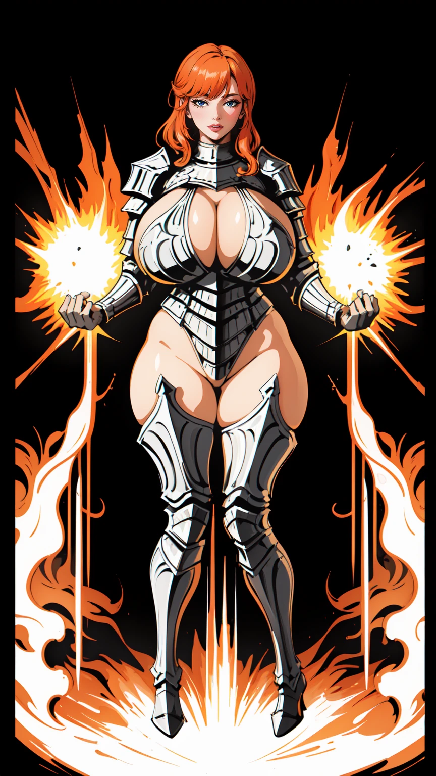 funger, very detailed illustration, mature woman, ((gigantic breasts)), ((bursting cleavage)), highres, high quality, masterpiece, looking at viewer, (armoured knight), orange long hair, bang, side locks, hair tubes, absurdres, ultra-detailed, short hair, full body, wide hips, thick thighs, huge ass