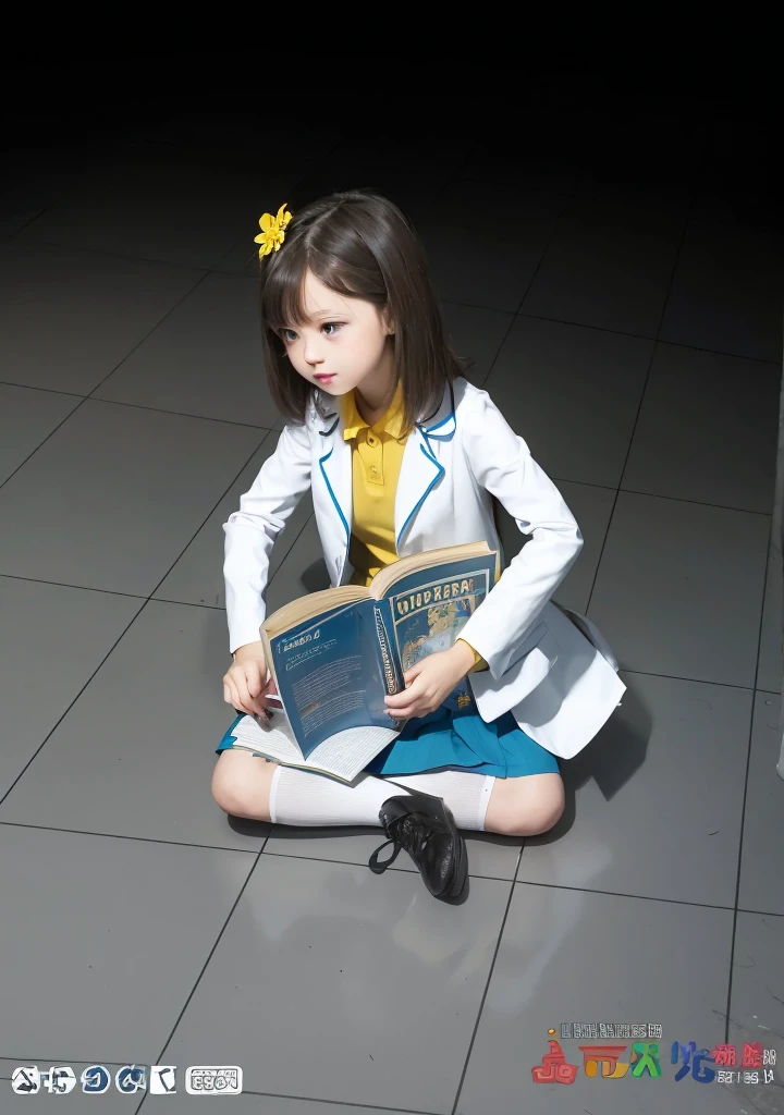 Girl, dark hair, shoulder length hair, blue eyes, white flower hairpin, white lab coat, yellow shirt, blue skirt, black shoes, white socks, dark blue calculus book, writing, looking at the book, holding pen, studying on the floor, half dark room