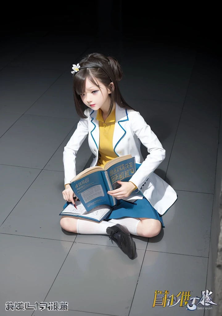 Girl, dark hair, shoulder length hair, blue eyes, white flower hairpin, white lab coat, yellow shirt, blue skirt, black shoes, white socks, dark blue calculus book, writing, looking at the book, holding pen, studying on the floor, half dark room