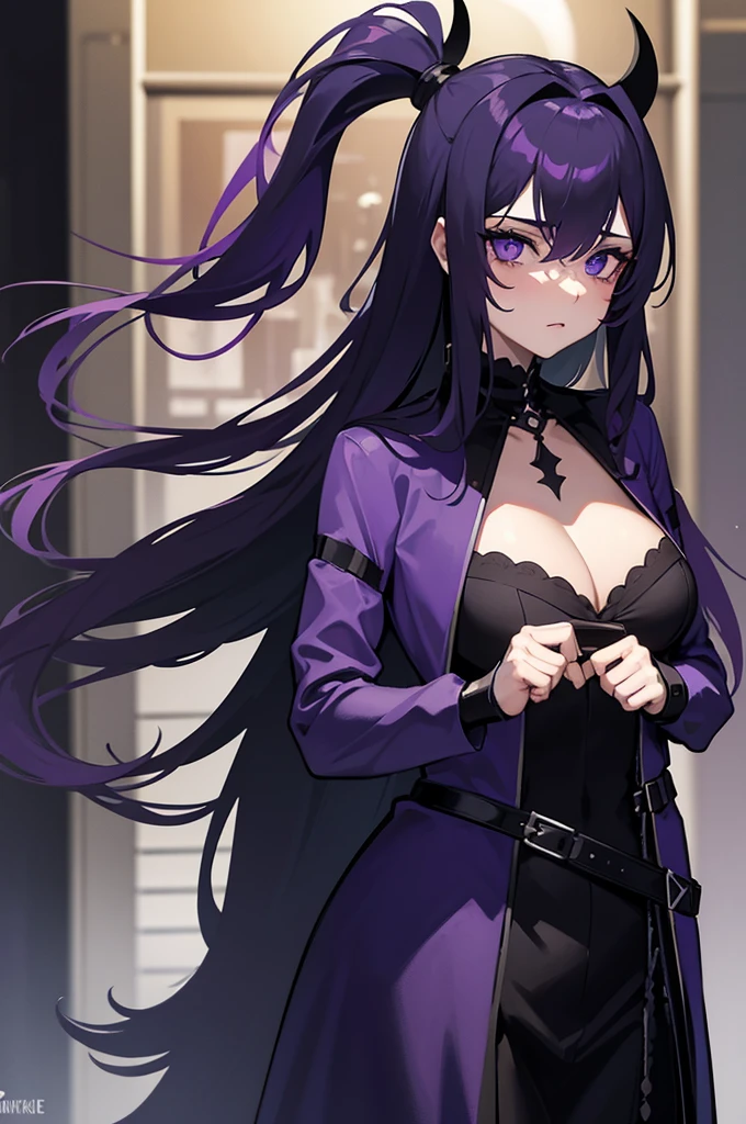 femme arafée dans une tenue noire et des cheveux violets assise sur le sol, visible de dos, montre ses fesses, séduisant cyberpunk dark fantasy, tendance sur artstation, ultra sexy, gros seins, hanche large, fesse rebondi, reine gothique sombre, violet et noir, fille gothique, belle succube, sorcière noire à la mode, cheveux violet foncé et cybernétique, noir et violet, style sombre et sensuel, succube en robe courte moulante, fille cyberpunk rêveuse, beau regard