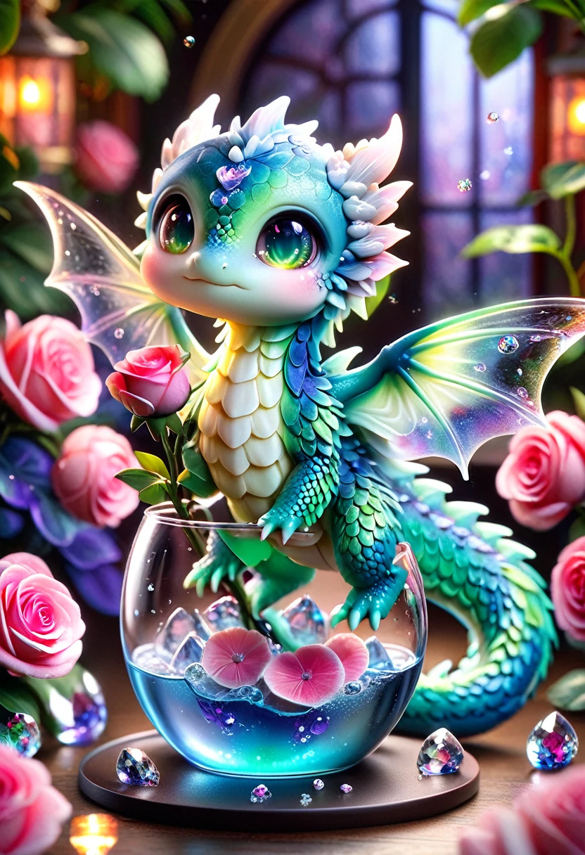 Super detailed, High resolution, High resolution, Absurd, masterpiece,blue Dragon, Expressive green eyes, Little Dragon, Cute Dragon,Transparent Wings,Glass, pink Sparkling butterflies, Pink Ice, petal, crystal, Glass, roses, water, cute, Sparkling, water辺, Fantasy, Magic,Magic世界