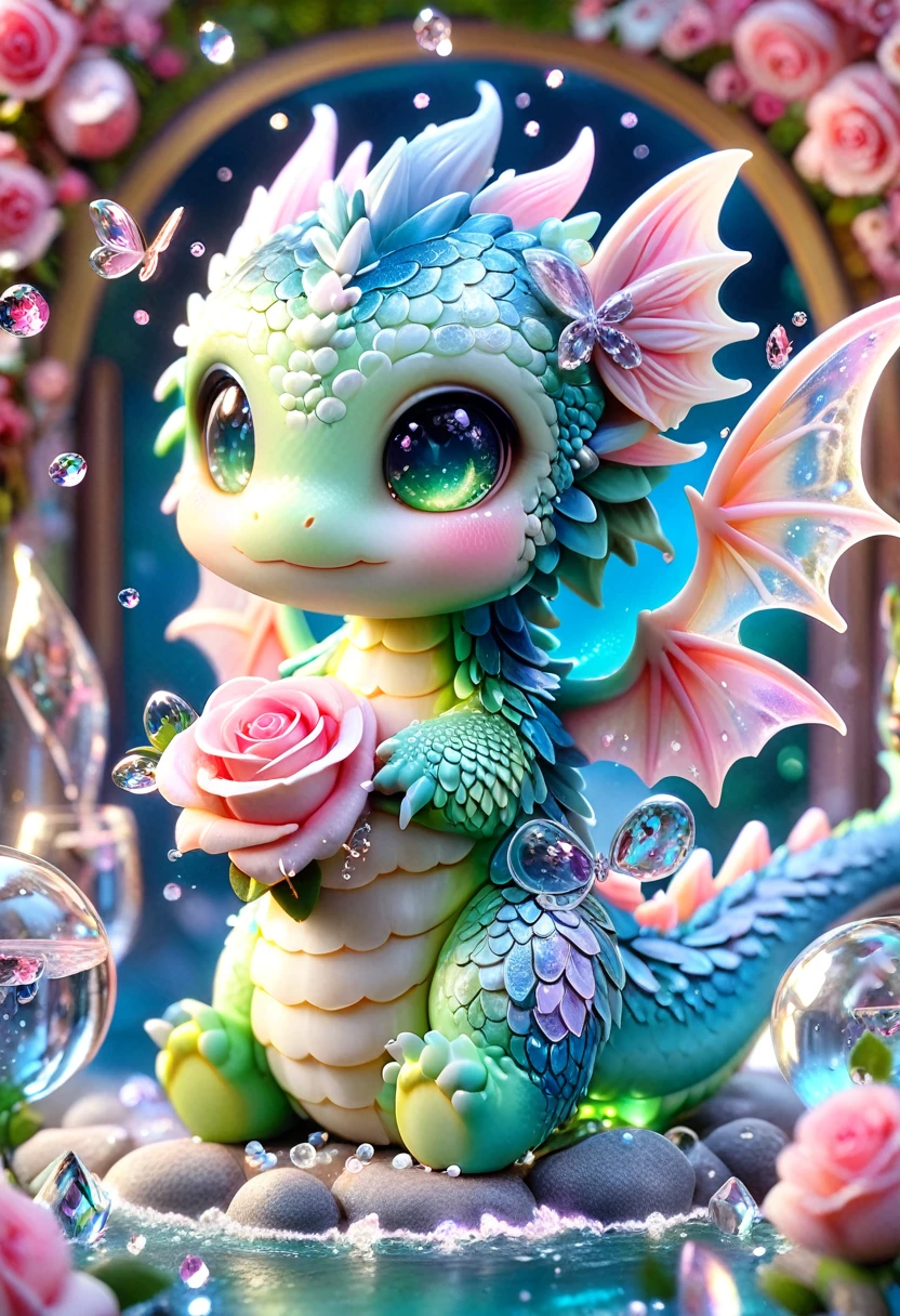 Super detailed, High resolution, High resolution, Absurd, masterpiece,blue Dragon, Expressive green eyes, Little Dragon, Cute Dragon,Transparent Wings,Glass, pink Sparkling butterflies, Pink Ice, petal, crystal, Glass, roses, water, cute, Sparkling, water辺, Fantasy, Magic,Magic世界