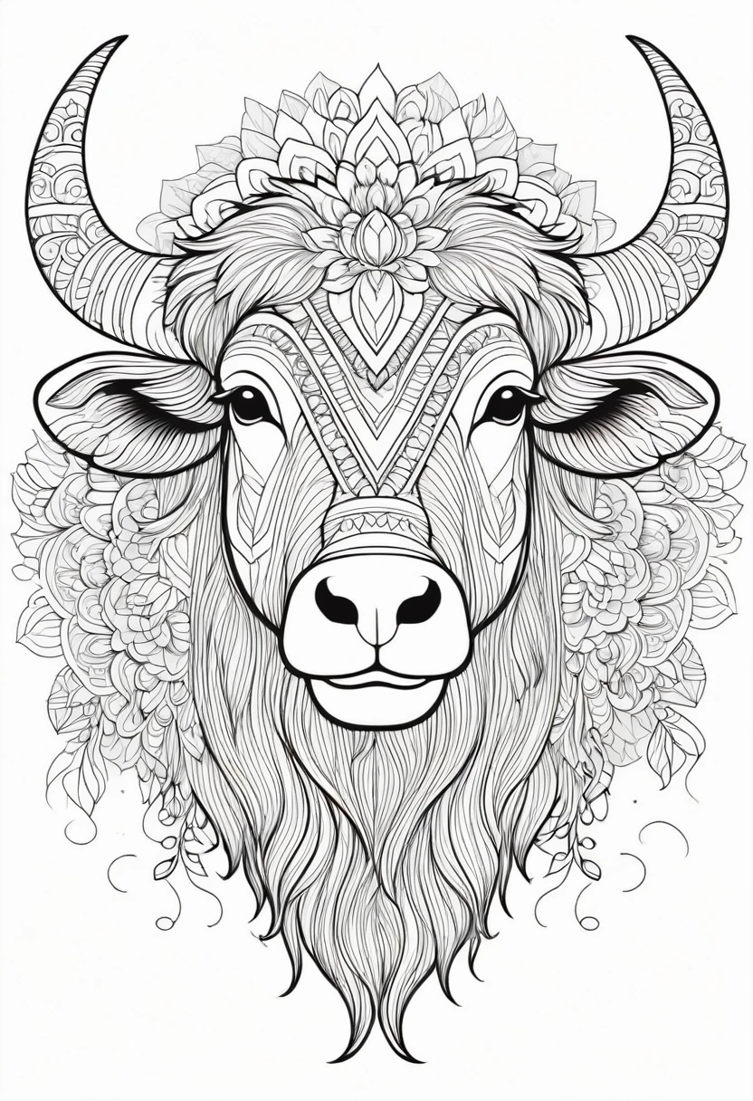 A striking black and white line art coloring page designed for adults with white background, featuring a majestic Yak in a mandala-inspired style. The Yak is adorned with intricate patterns that include floral and geometric designs, making it an engaging and detailed work of art. The illustration focuses on crisp, clean lines and bold outlines, without any shading or color, allowing the user to bring their own vibrancy to the piece. The minimalistic design, with its thick lines and absence of background details, creates a soothing coloring experience for adults seeking calming and creative activities. illustration