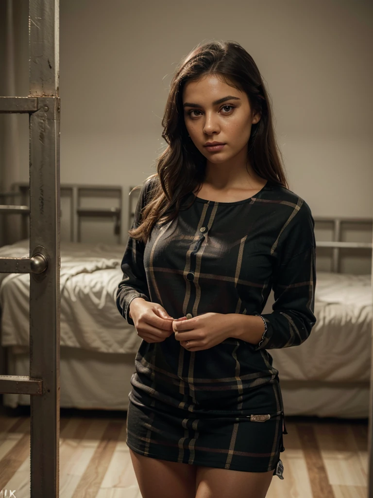 a standing hands cuffed C cup prision girl in a Brown Buffalo Plaid Print Long prision Dress - Long Sleeves, beautiful detailed eyes, beautiful detailed lips, extremely detailed eyes and face, long eyelashes, in a prison setting, hands cuffed, jail, clothes covering the body, uniform covering the leg, (best quality,4k,8k,highres,masterpiece:1.2),ultra-detailed,(realistic,photorealistic,photo-realistic:1.37),beautiful detailed eyes,beautiful detailed lips,extremely detailed eyes and face,long eyelashes,handcuffed,prison setting,jail,clothes covering body,uniform covering leg,(best quality,4k,8k,highres,masterpiece:1.2),ultra-detailed,(realistic,photorealistic,photo-realistic:1.37),portrait