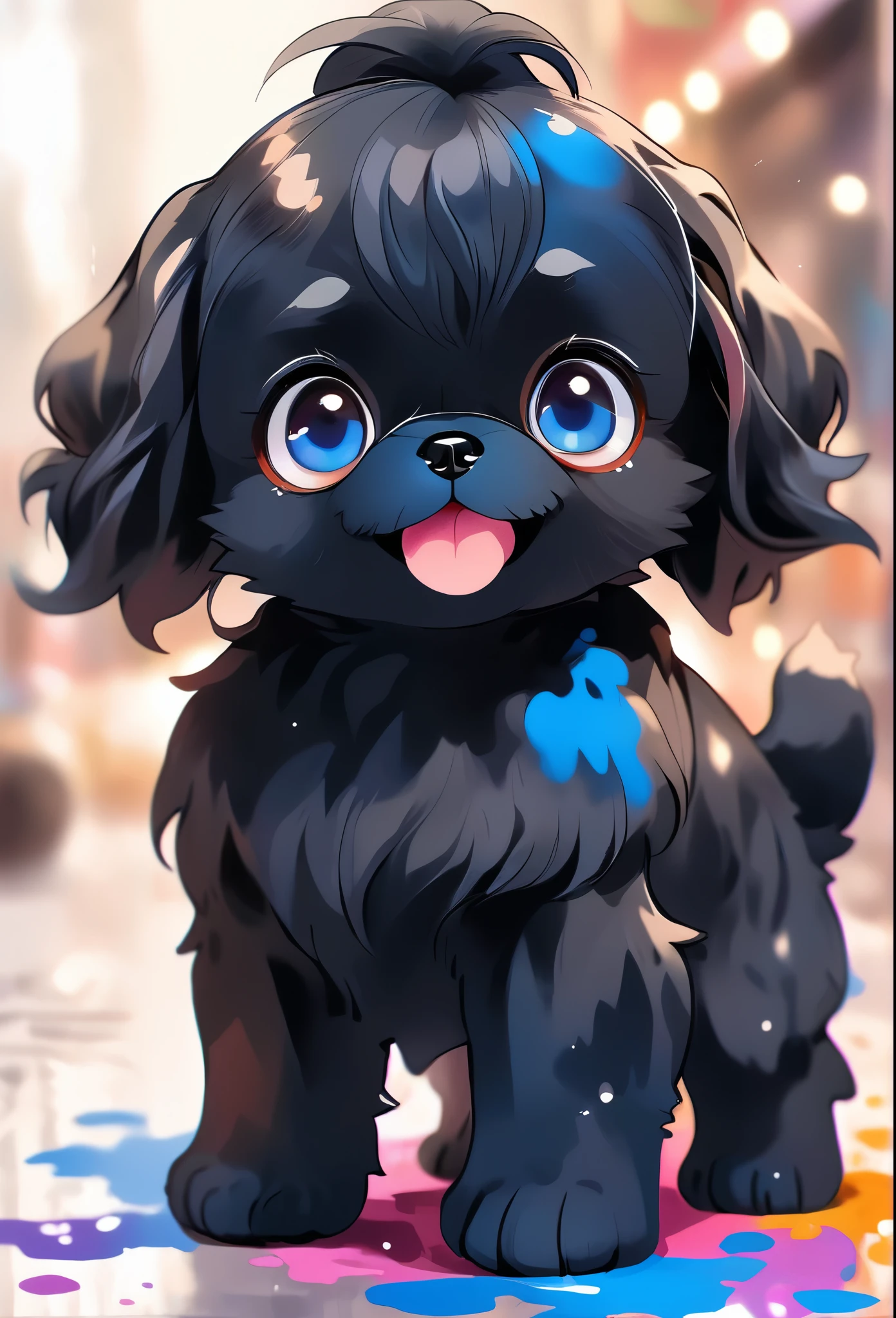 2 adorable tiny black Shih Tzu puppies with big bright blue eyes painting, happy, playful, covered in bright color paint, paint pawprints in back ground