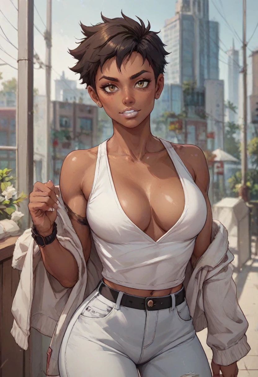 ((masterpiece, best quality)), (high resolution), 1 Tomboy, dark skin, white lipstick