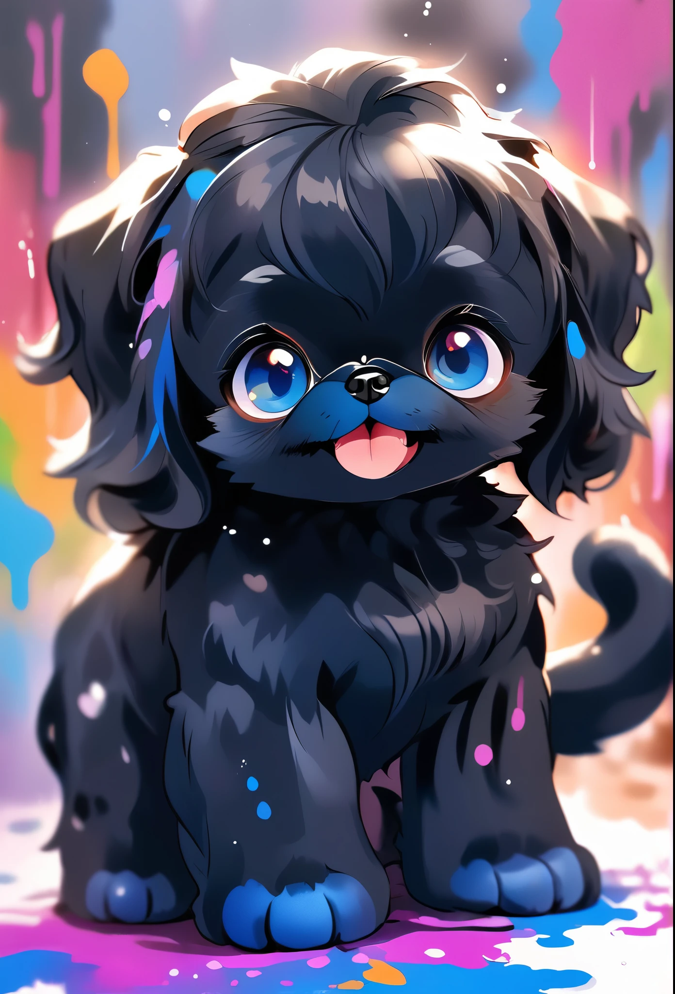 2 adorable tiny black Shih Tzu puppies with big bright blue eyes painting, happy, playful, covered in bright color paint, paint pawprints in back ground